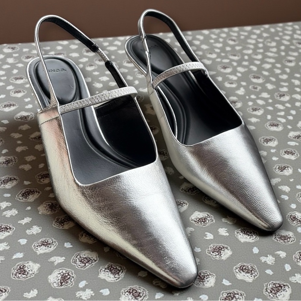 Vince Venice Metallic Slingback Pump Kitten Heel Silver Shoes - Picture 2 of 5